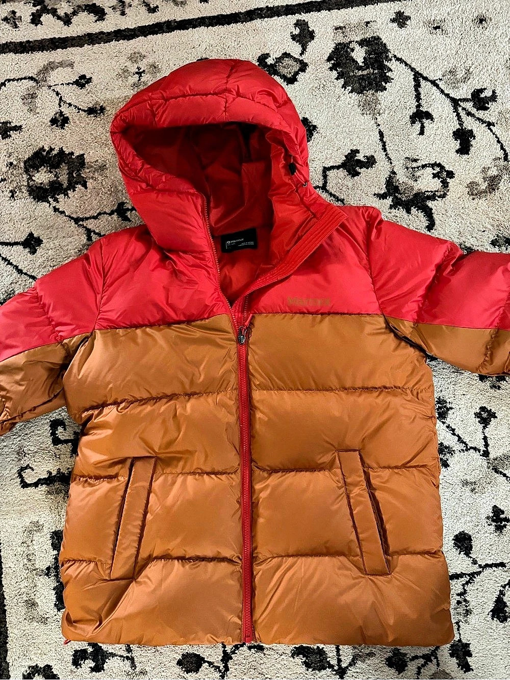 Marmot Highlander Down Hooded Jacket Color Block Red & Brown Large